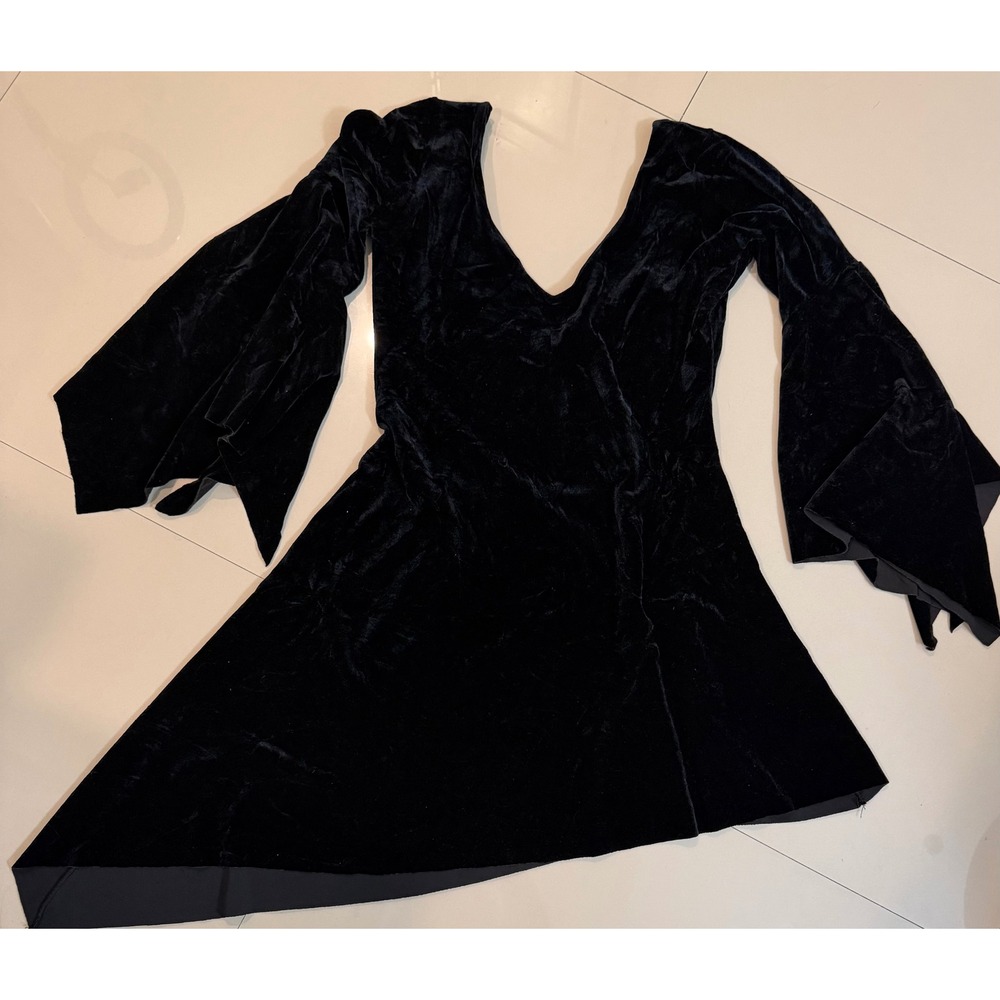 Cheryl Creations Black Velvet V-Neck Bell Sleeve Asymmetrical Mini Dress Medium